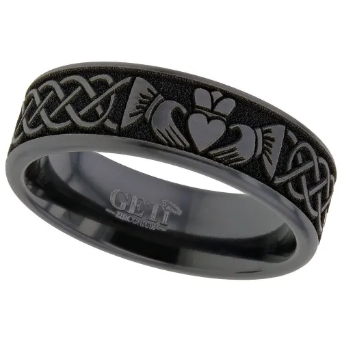 Zirconium Ring with Celtic Claddagh Laser Engraved Design